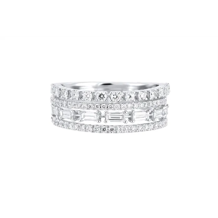 Meierotto Jewelers Rings 14K White Gold Wide Split Four Row Baguette and Round Diamond Band Meierotto Jewelers Rings 14K White Gold Wide Split Four Row Baguette and Round Diamond Band