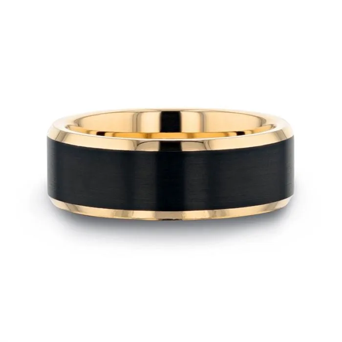 Mens Bands Gold Plated Tungsten Beveled Band with Brushed Black Center Rings