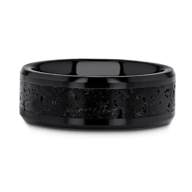 Mens Bands Rings Black Ceramic 8mm Band with Gray Lava Rock Inlay