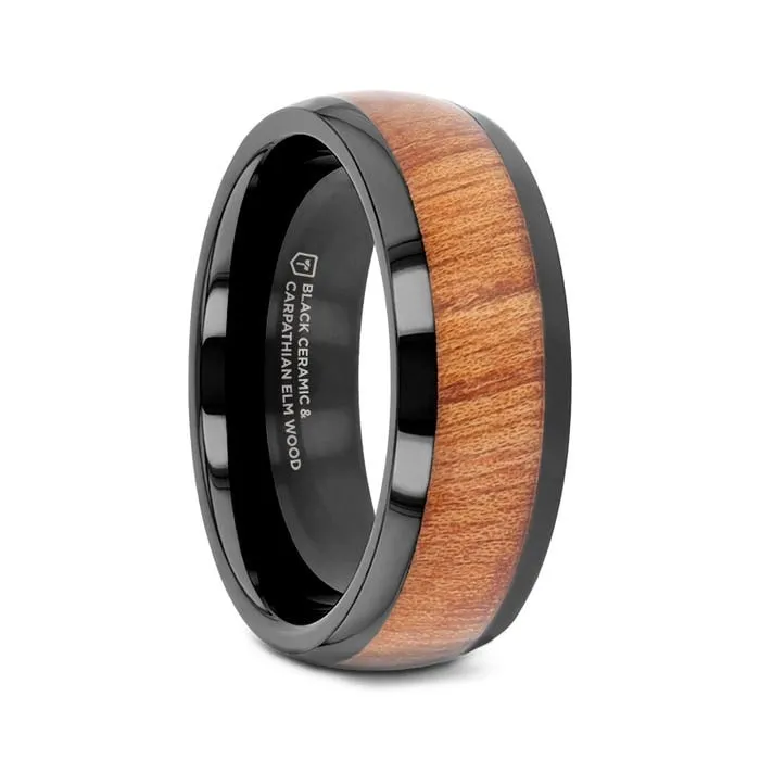 Mens Bands Rings Black Ceramic Band with Domed Polished Finish and Carpathian Elm Wood Inlay Mens Bands Rings Black Ceramic Band with Domed Polished Finish and Carpathian Elm Wood Inlay