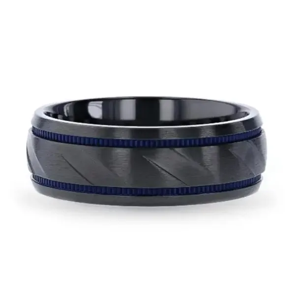 Mens Bands Rings Black Titanium Carved Diagonal Pattern 8mm Band with Blue Milgrain Grooves and Brushed Finish Mens Bands Rings Black Titanium Carved Diagonal Pattern 8mm Band with Blue Milgrain Grooves and Brushed Finish