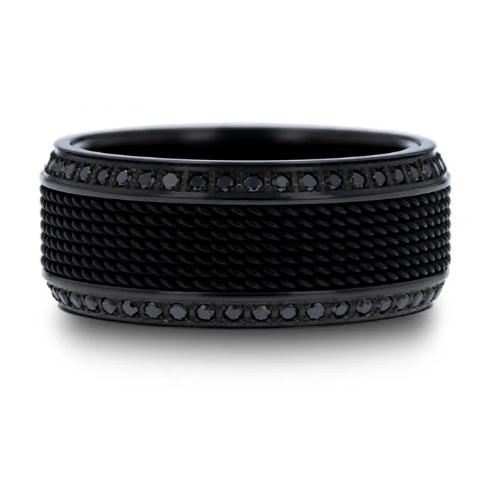 Mens Bands Rings Steel Chain Black Titanium Ring with Polished Edges Set with Black Diamonds Mens Bands Rings Steel Chain Black Titanium Ring with Polished Edges Set with Black Diamonds