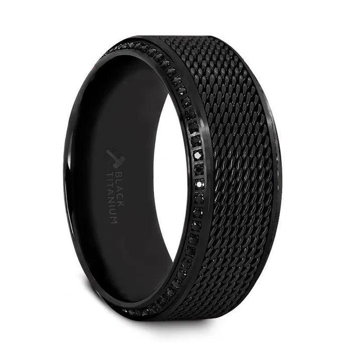 Mens Bands Rings Steel Chain Black Titanium Ring with Polished Edges Set with Black Diamonds Mens Bands Rings Steel Chain Black Titanium Ring with Polished Edges Set with Black Diamonds
