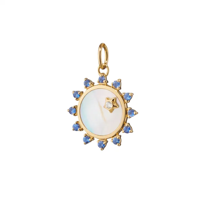 Monica Rich Kosann 18K Yellow Gold Mother of Pearl Sun Charm with Diamond and Blue Sapphires Monica Rich Kosann Necklaces