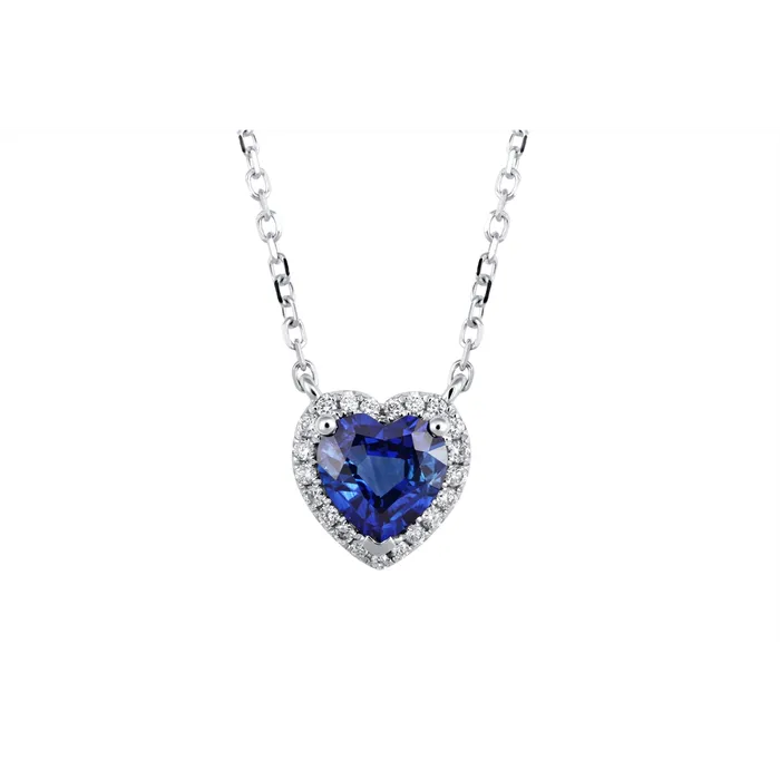 Necklaces 14K White Gold Heart Sapphire with Diamond Halo Pendant Necklace Meierotto Jewelers Necklaces 14K White Gold Heart Sapphire with Diamond Halo Pendant Necklace Meierotto Jewelers