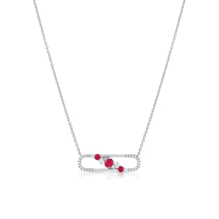 Necklaces CJ Charles Jewelers 18K White Gold Ruby and Diamond Safety Pin Necklace Necklaces CJ Charles Jewelers 18K White Gold Ruby and Diamond Safety Pin Necklace