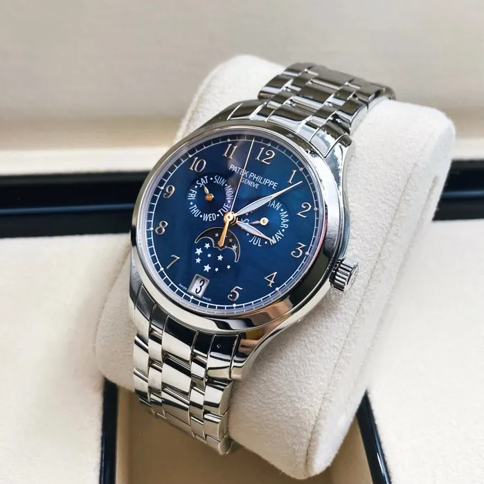 Patek Philippe Complications Annual Calendar 38mm Watch Ref 49471A001 Blue MoonPhase Dial Stainless Steel Bracelet Patek Philippe Bracelets