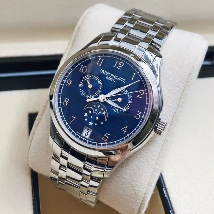 Patek Philippe Complications Annual Calendar 38mm Watch Ref 49471A001 Blue MoonPhase Dial Stainless Steel Bracelet Patek Philippe Bracelets