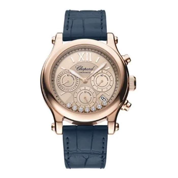 PreStyled Sets Chopard Happy Sport Chrono 40mm Watch Ref 2746535001 Gold Chronograph Dial in 18K Rose Gold Diamond Case Blue Alligator Leather Chopard
