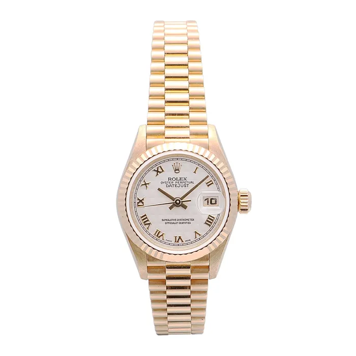 Preowned Rolex PreStyled Sets Rolex Datejust 26 18K Yellow Gold Ivory Pyramid Dial President Automatic Preowned