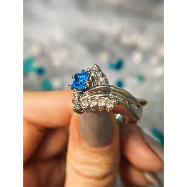 Rings Diamond Source NYC Enhanced Blue Princess Cut Round Brilliant Diamond Fashion Ring Set in 14K White Gold