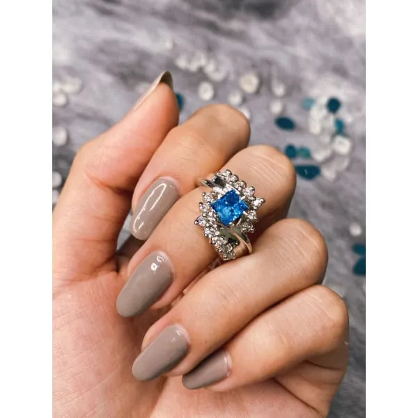 Rings Diamond Source NYC Enhanced Blue Princess Cut Round Brilliant Diamond Fashion Ring Set in 14K White Gold