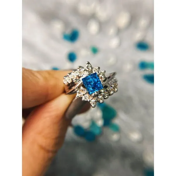 Rings Diamond Source NYC Enhanced Blue Princess Cut Round Brilliant Diamond Fashion Ring Set in 14K White Gold