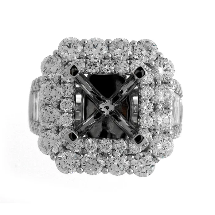 Rings Engagement Collections 18K White Gold Wide Semi Mount Diamond Ring with Baguettes Rounds with Double Cushion Halo