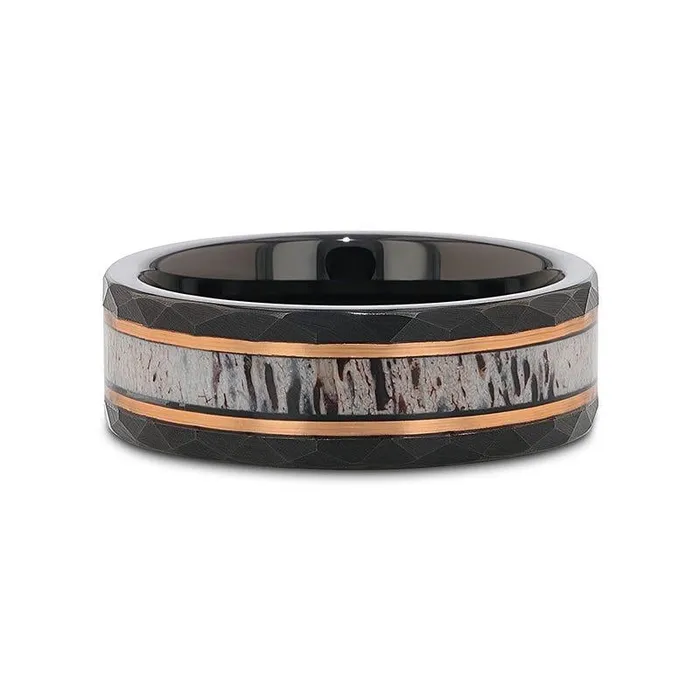 Rings Mens Bands Black Tungsten Rose Hammered Ring with Antler Inlay