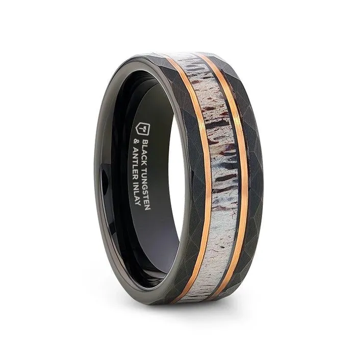 Rings Mens Bands Black Tungsten Rose Hammered Ring with Antler Inlay