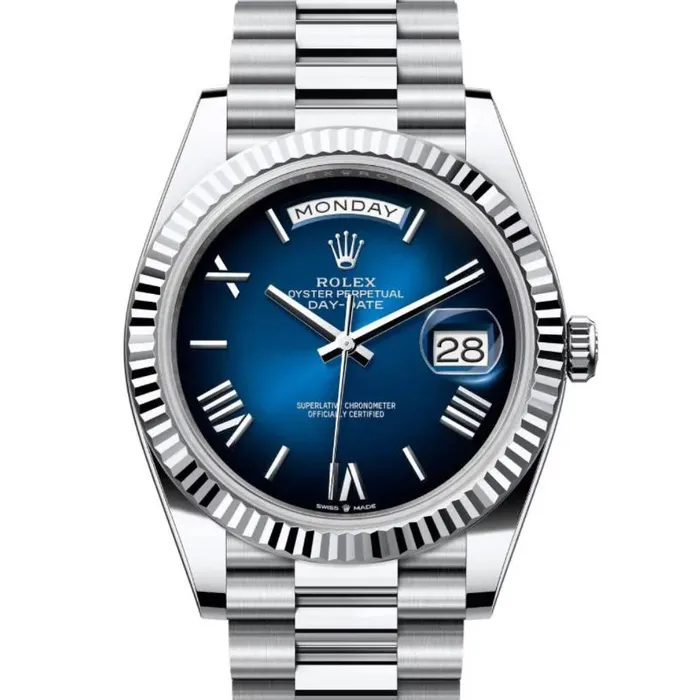 Rolex Bracelets 2024 Release Rolex DayDate 40 mm Platinum President bracelet Blue ombr dial Fluted bezel Mens Watch 228236
