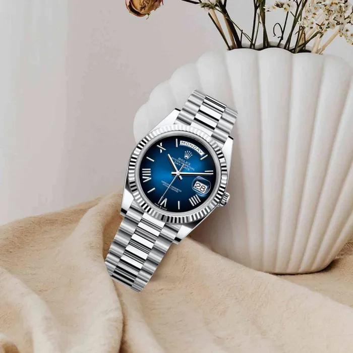Rolex Bracelets 2024 Release Rolex DayDate 40 mm Platinum President bracelet Blue ombr dial Fluted bezel Mens Watch 228236