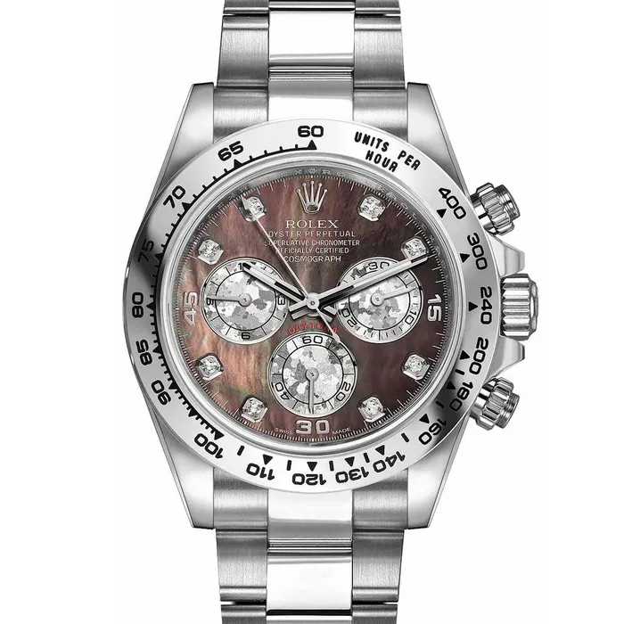Rolex Bracelets Rolex Cosmograph Daytona 40mm Ref 1165090044 Black Mother of Pearl Diamond Dial 18K White Gold Oyster Bracelet Mens Watch