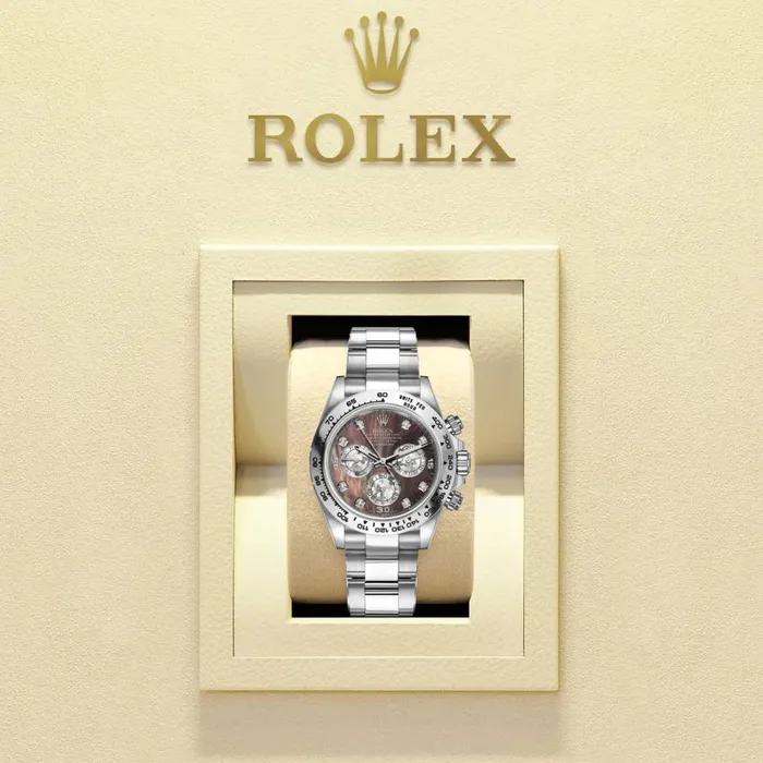Rolex Bracelets Rolex Cosmograph Daytona 40mm Ref 1165090044 Black Mother of Pearl Diamond Dial 18K White Gold Oyster Bracelet Mens Watch
