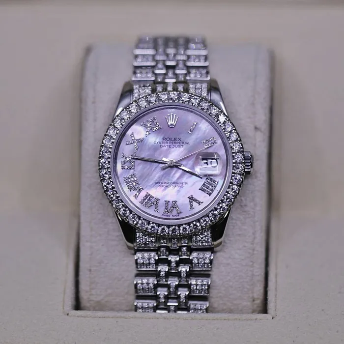 Rolex Bracelets Rolex Datejust 36mm Custom Iced Out Ref 116200 White Mother of Pearl Dial Stainless Steel Jubilee Bracelet Watch