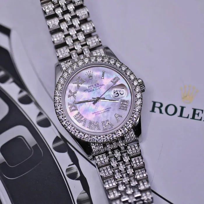 Rolex Bracelets Rolex Datejust 36mm Custom Iced Out Ref 116200 White Mother of Pearl Dial Stainless Steel Jubilee Bracelet Watch