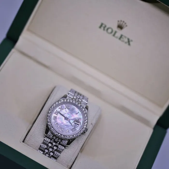 Rolex Bracelets Rolex Datejust 36mm Custom Iced Out Ref 116200 White Mother of Pearl Dial Stainless Steel Jubilee Bracelet Watch