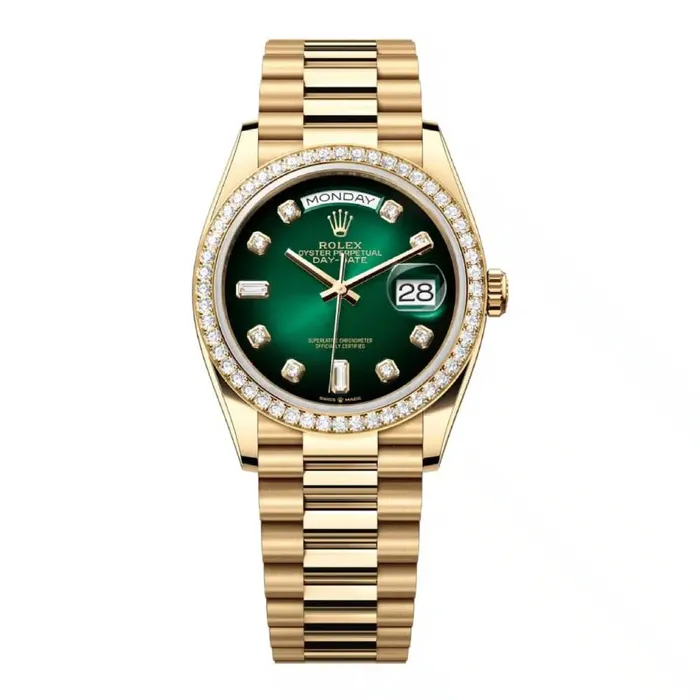 Rolex Bracelets Rolex Day Date 36mm Ref 128348rbr0035 Green Ombre Diamond Dial Diamond Bezel 18K Yellow Gold President Bracelet Watch Rolex Bracelets Rolex Day Date 36mm Ref 128348rbr0035 Green Ombre Diamond Dial Diamond Bezel 18K Yellow Gold President Bracelet Watch