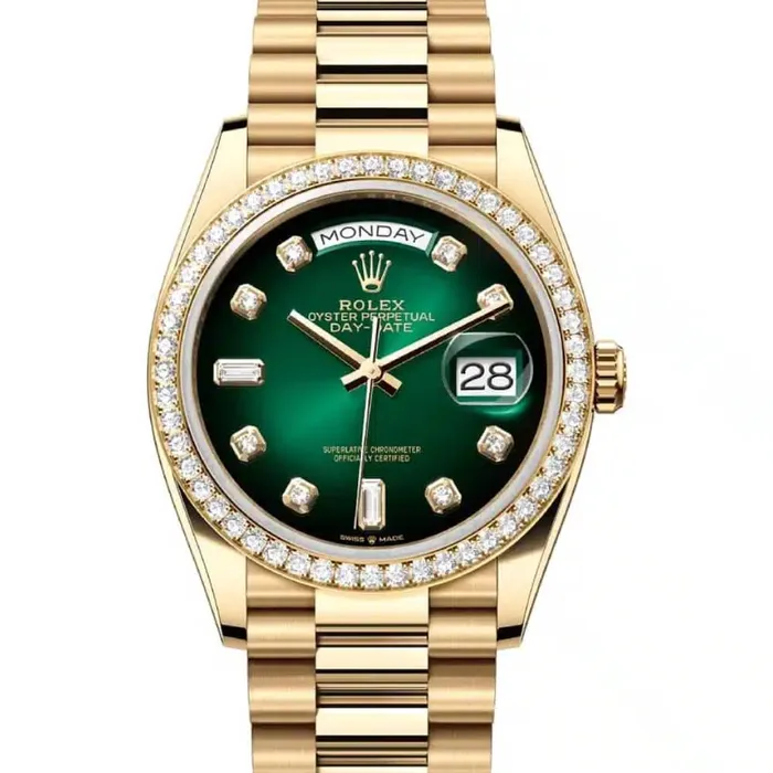 Rolex Bracelets Rolex Day Date 36mm Ref 128348rbr0035 Green Ombre Diamond Dial Diamond Bezel 18K Yellow Gold President Bracelet Watch