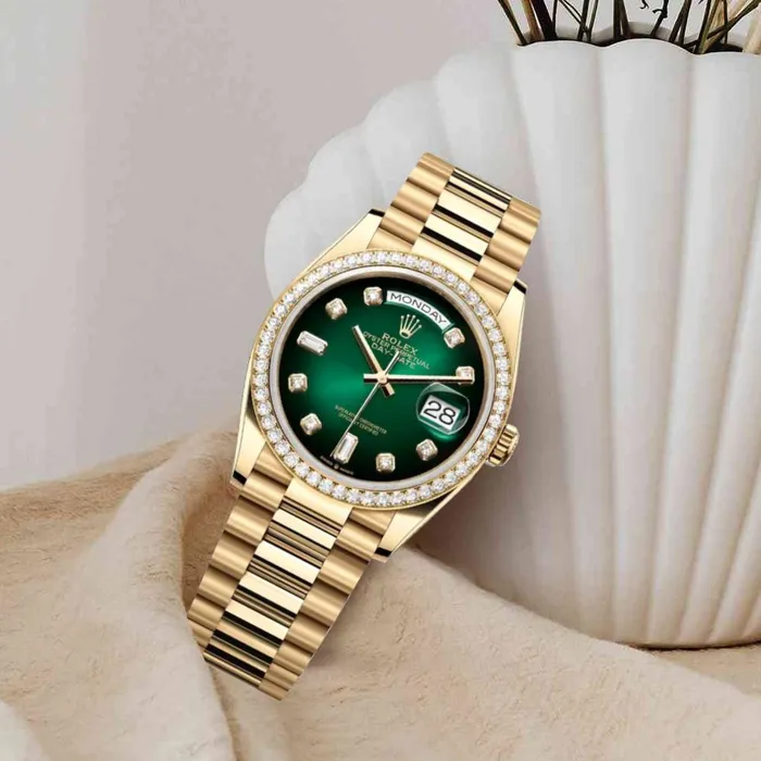 Rolex Bracelets Rolex Day Date 36mm Ref 128348rbr0035 Green Ombre Diamond Dial Diamond Bezel 18K Yellow Gold President Bracelet Watch