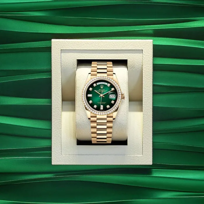Rolex Bracelets Rolex Day Date 36mm Ref 128348rbr0035 Green Ombre Diamond Dial Diamond Bezel 18K Yellow Gold President Bracelet Watch
