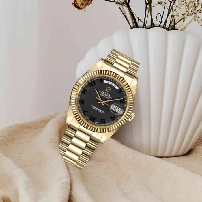 Rolex Bracelets Rolex Day Date 41mm Ref 218238 Black Dial Fluted Bezel 18K Yellow Gold President Bracelet Mens Watch