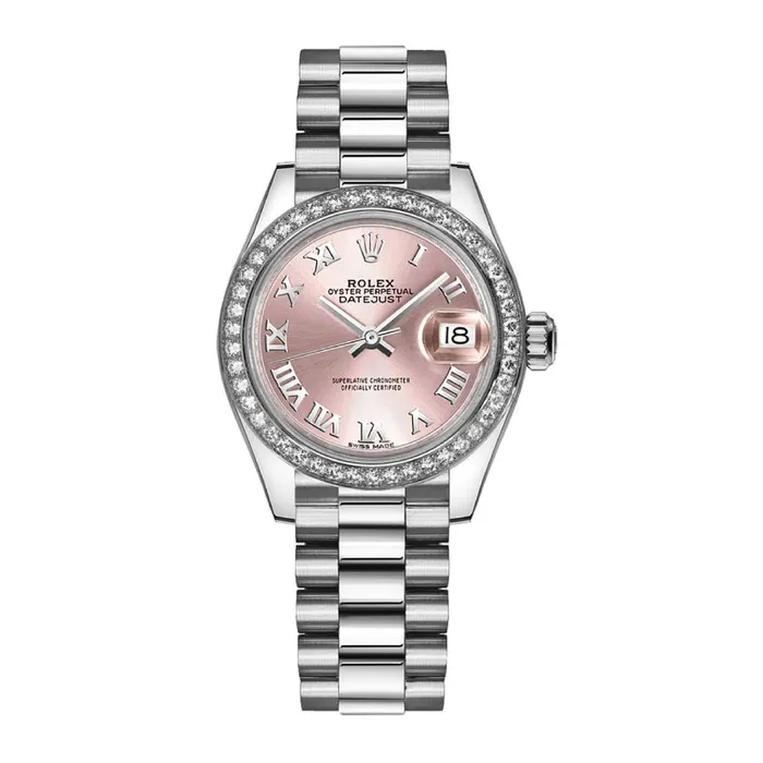 Rolex Bracelets Rolex LadyDatejust 28mm Ref 279136rbr0012 Pink Roman Dial Diamond Bezel 18K White Gold Presidential Bracelet Womens Watch