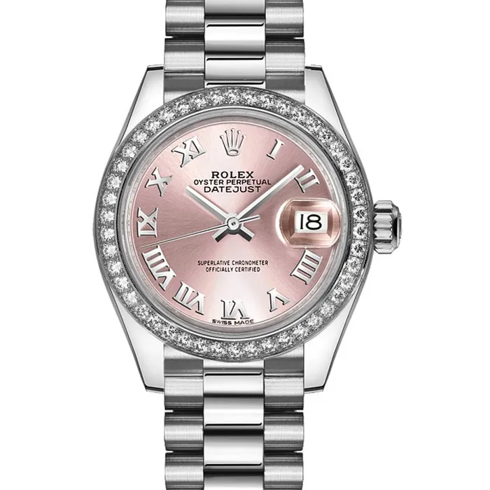Rolex Bracelets Rolex LadyDatejust 28mm Ref 279136rbr0012 Pink Roman Dial Diamond Bezel 18K White Gold Presidential Bracelet Womens Watch