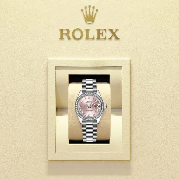 Rolex Bracelets Rolex LadyDatejust 28mm Ref 279136rbr0012 Pink Roman Dial Diamond Bezel 18K White Gold Presidential Bracelet Womens Watch