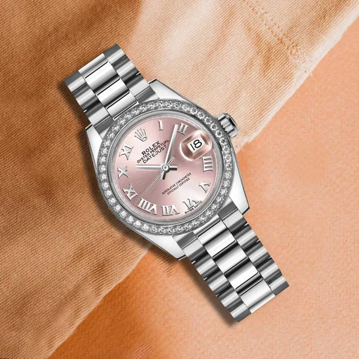 Rolex Bracelets Rolex LadyDatejust 28mm Ref 279136rbr0012 Pink Roman Dial Diamond Bezel 18K White Gold Presidential Bracelet Womens Watch
