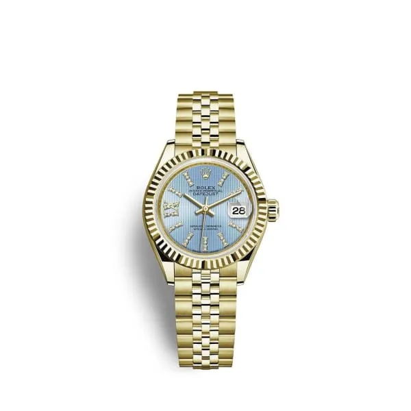 Rolex Bracelets Rolex LadyDatejust 28mm Ref 2791780010 Cornflower Blue Diamond Dial 18K Yellow Gold Jubilee Bracelet Womens Watch