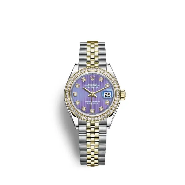 Rolex Bracelets Rolex LadyDatejust 28mm Ref 279383rbr0015 Lavender Purple Diamond Dial Diamond Bezel Two Tone Stainless Steel 18K Yellow Gold Jubilee Bracelet Womens Watch