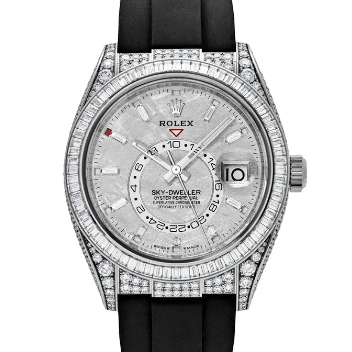 Rolex Bracelets Rolex SkyDweller 42mm Ref 336259TBR Meteorite Stick Dial 18K White Gold Case Black Oysterflex Bracelet Watch