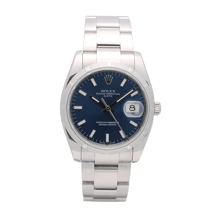 Rolex Date Blue Dial Engine Turned Bezel Stainless Steel 34mm Automatic Preowned Preowned Rolex Bracelets