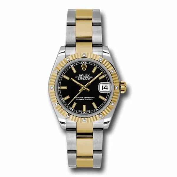 Rolex Datejust 31mm Ref 178313 bkio Black Stick Dial Diamond Bezel Two Tone Stainless Steel 18K Yellow Gold Oyster Bracelet Womens Watch Rolex Bracelets