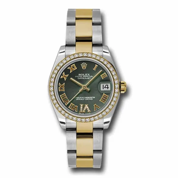 Rolex Datejust 31mm Ref 178383 ogdro Green Roman Diamond Dial Diamond Bezel Two Tone Stainless Steel 18K Yellow Gold Oyster Bracelet Womens Watch Rolex Bracelets