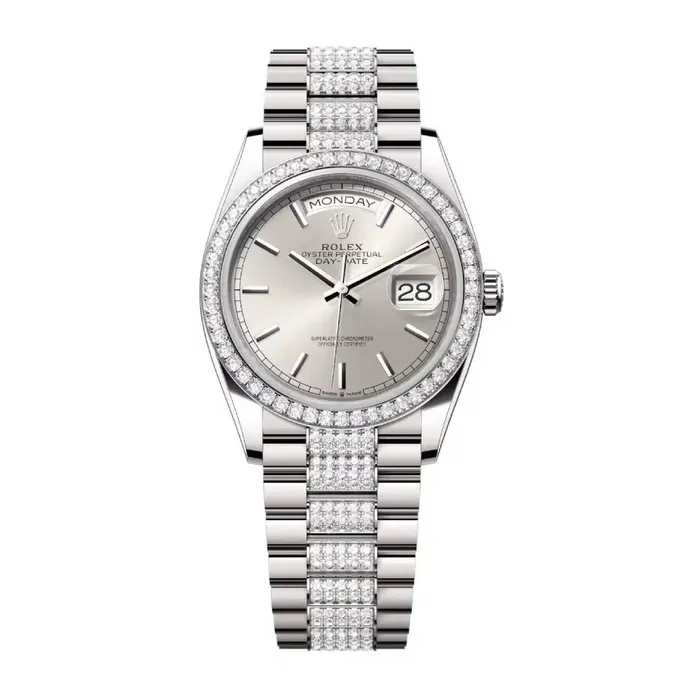 Rolex Day Date 36mm Ref 128349rbr0013 Silver Stick Dial Diamond Bezel 18K White Gold Diamonds President Bracelet Watch Rolex Bracelets Rolex Day Date 36mm Ref 128349rbr0013 Silver Stick Dial Diamond Bezel 18K White Gold Diamonds President Bracelet Watch Rolex Bracelets