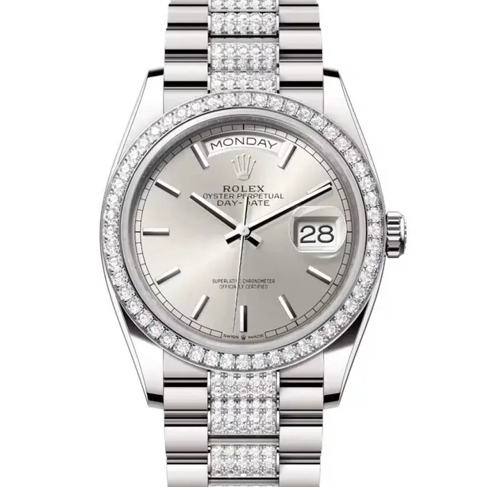 Rolex Day Date 36mm Ref 128349rbr0013 Silver Stick Dial Diamond Bezel 18K White Gold Diamonds President Bracelet Watch Rolex Bracelets