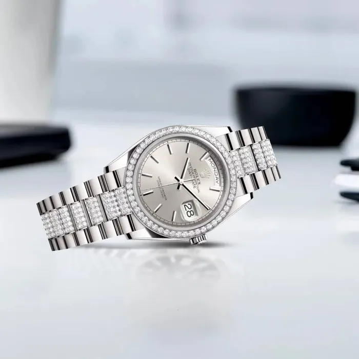 Rolex Day Date 36mm Ref 128349rbr0013 Silver Stick Dial Diamond Bezel 18K White Gold Diamonds President Bracelet Watch Rolex Bracelets