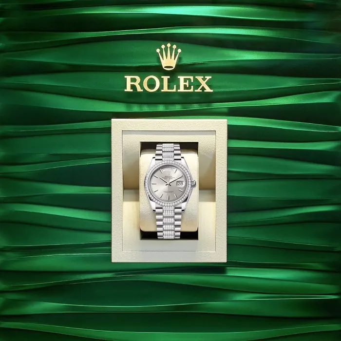 Rolex Day Date 36mm Ref 128349rbr0013 Silver Stick Dial Diamond Bezel 18K White Gold Diamonds President Bracelet Watch Rolex Bracelets
