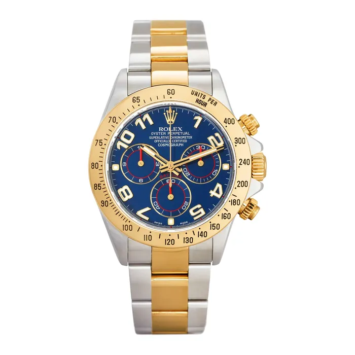 Rolex Rolex Cosmograph Daytona 40mm Ref 116523BKD Blue Diamond Dial Gold Bezel Two Tone Stainless Steel 18K Yellow Gold Oyster Bracelet Mens Watch Bracelets Rolex Rolex Cosmograph Daytona 40mm Ref 116523BKD Blue Diamond Dial Gold Bezel Two Tone Stainless Steel 18K Yellow Gold Oyster Bracelet Mens Watch Bracelets