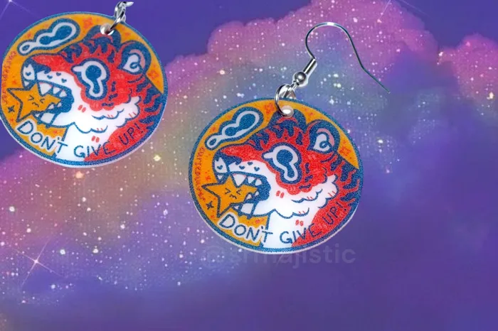 Sam Makes Things Earrings Dont Give Up Motivational Tiger Earrings collaboration with cursedluver Sam Makes Things Earrings Dont Give Up Motivational Tiger Earrings collaboration with cursedluver