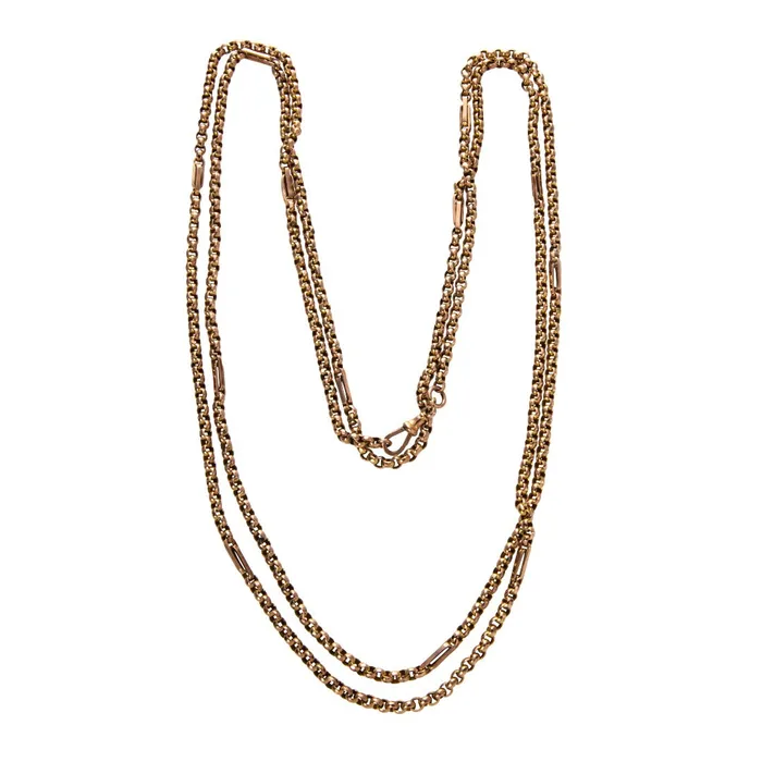Victorian 9K Gold Mixed Link Guard Chain Necklace 60 Croghans Necklaces